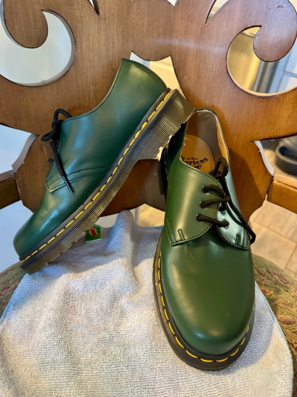 Dr. Martens Green 3-Eye Leather Oxfords with Yellow Stitching - Picture 6 of 6